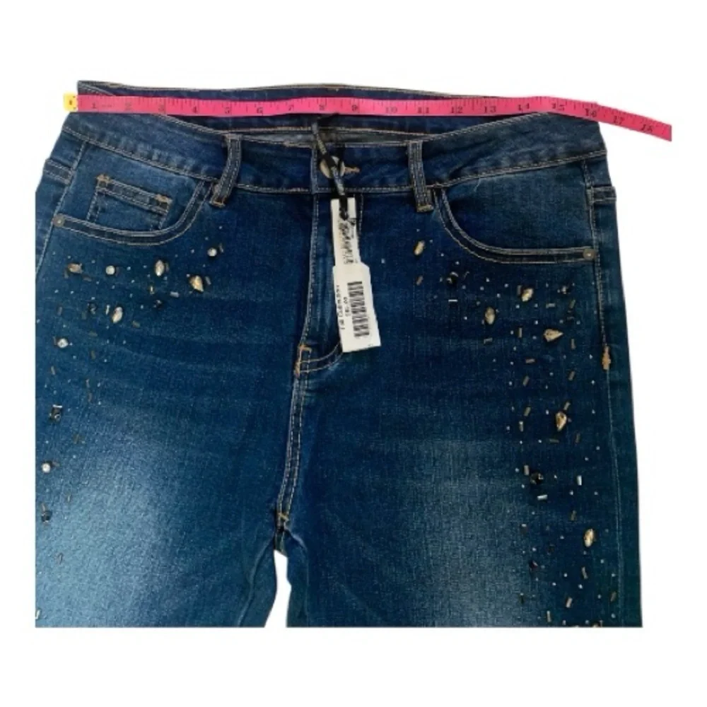 Coco + Carmen Dark Blue Wash Distressed Beaded Skinny Jeans High Rise Size L/XL - Picture 8 of 14